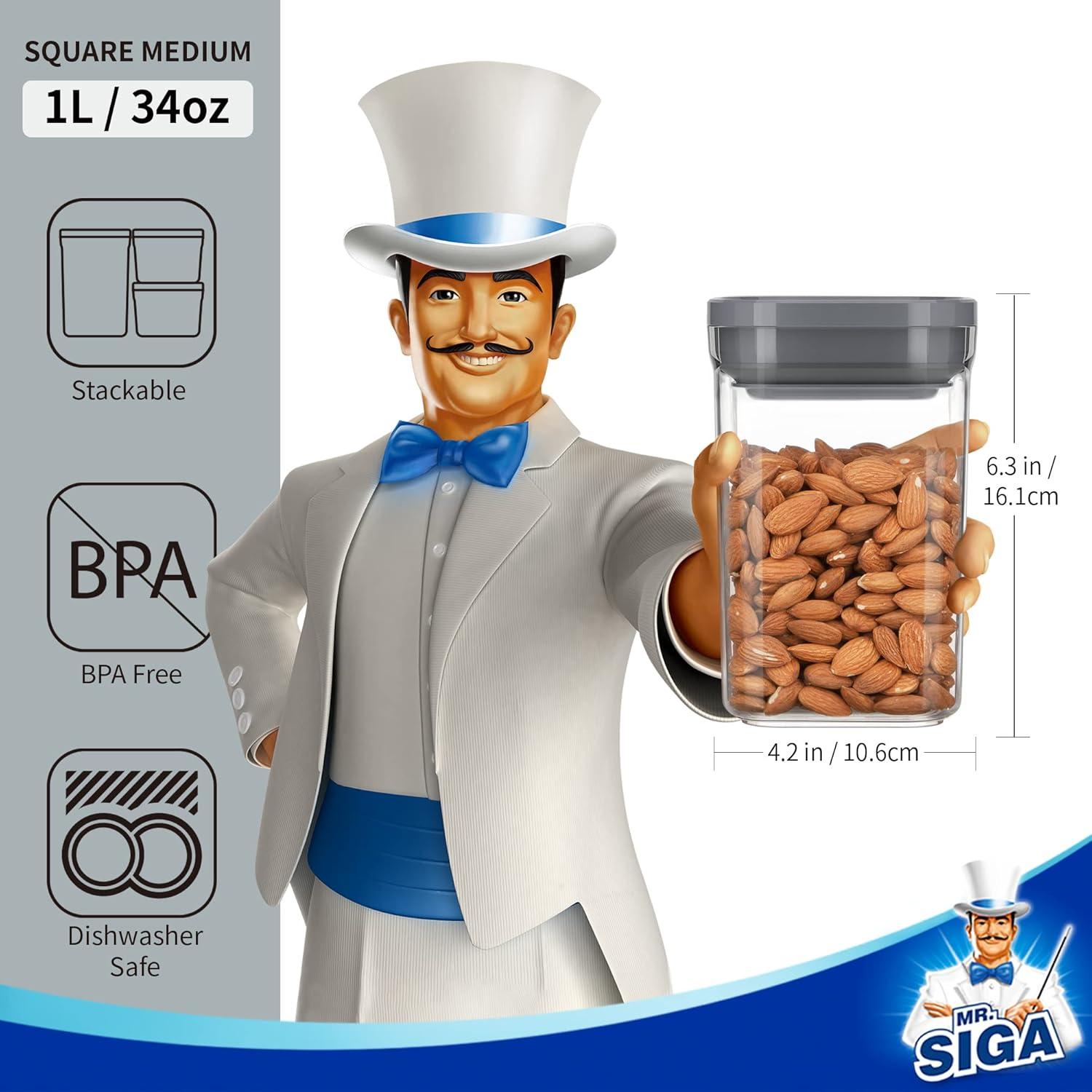 imageMRSIGA 4 Pack Airtight Food Storage Container Set BPA Free Kitchen Pantry Organization Canisters with Onehanded Leak Proof Lids 1L 338oz Medium GrayGray