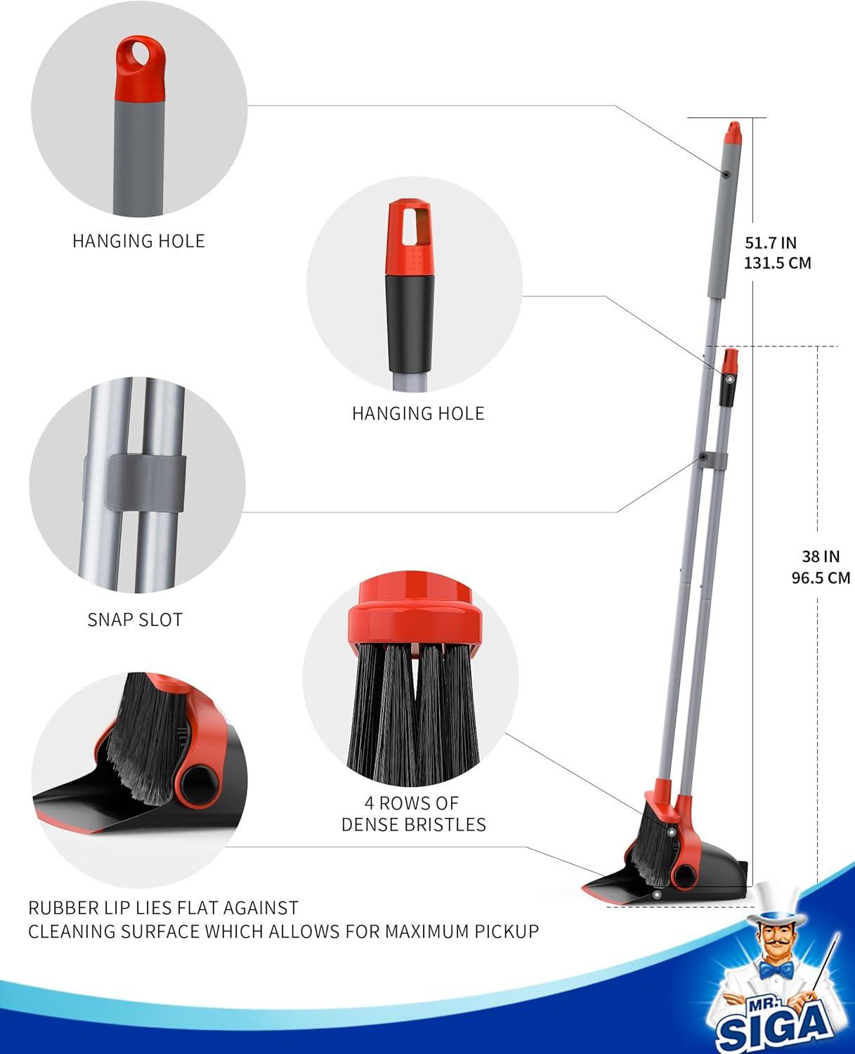 imageMRSIGA Broom and Dustpan Set with Adjustable Long Handle Upright Combo for Floor Cleaning Lobby GrayBlack Red