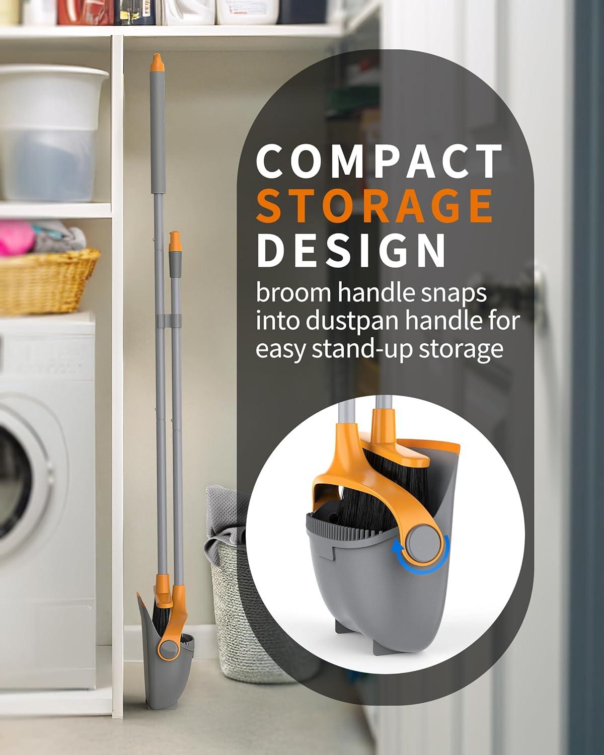 imageMRSIGA Broom and Dustpan Set with Adjustable Long Handle Upright Combo for Floor Cleaning Lobby GrayGray Orange