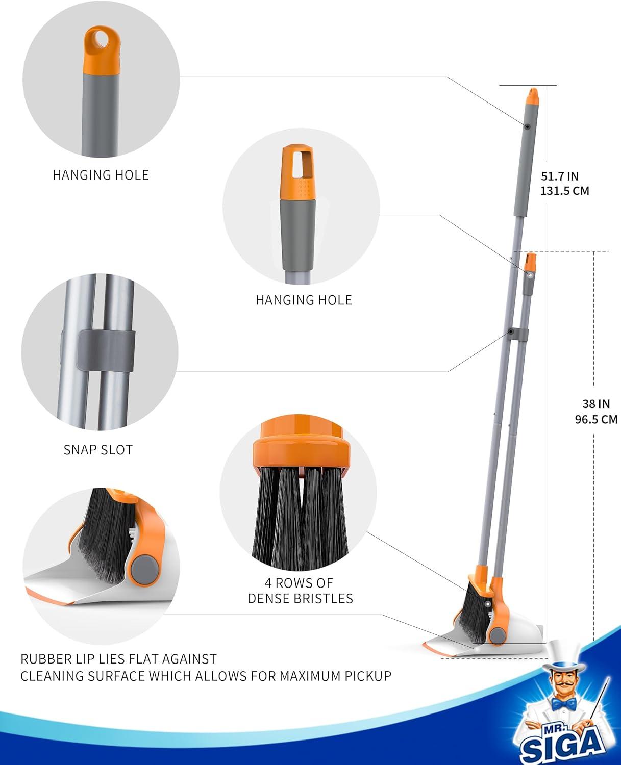 imageMRSIGA Broom and Dustpan Set with Adjustable Long Handle Upright Combo for Floor Cleaning Lobby GrayWhite Orange