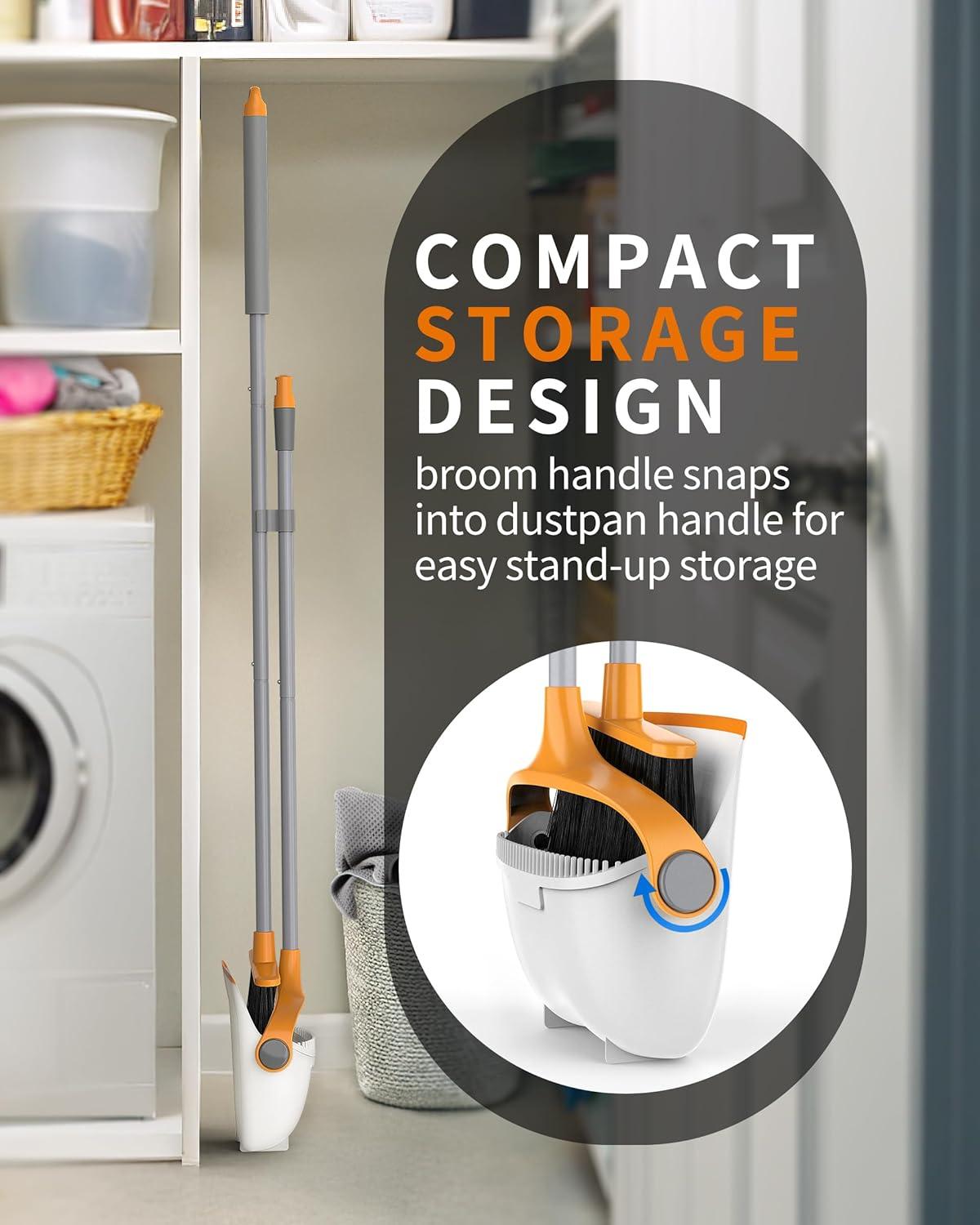 imageMRSIGA Broom and Dustpan Set with Adjustable Long Handle Upright Combo for Floor Cleaning Lobby GrayWhite Orange