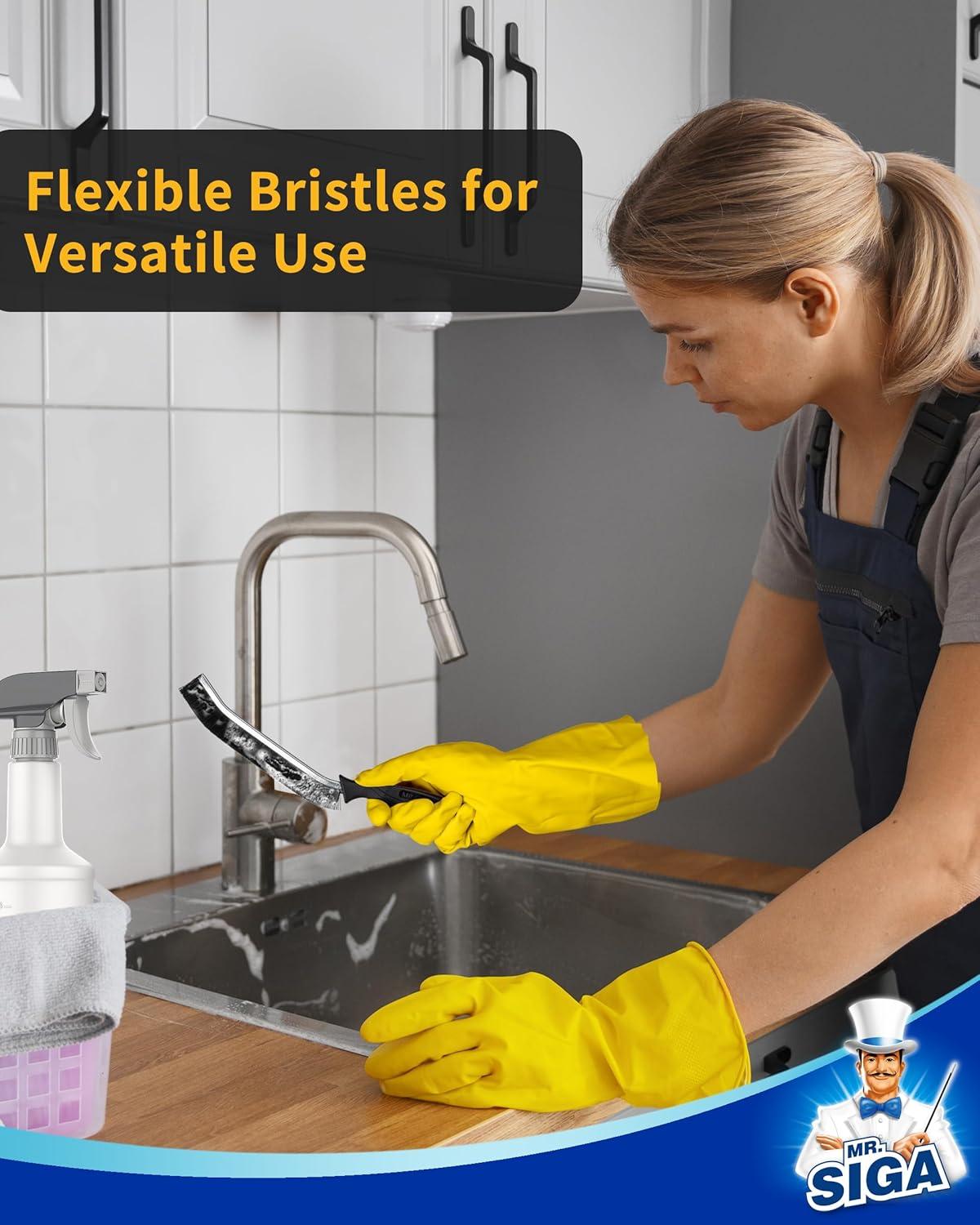 imageMRSIGA Crevice Cleaning Brush with Handle Heavy Duty Scrub Brush for Deep Cleaning Flexible Grout Cleaner Brush 5 Pack Black