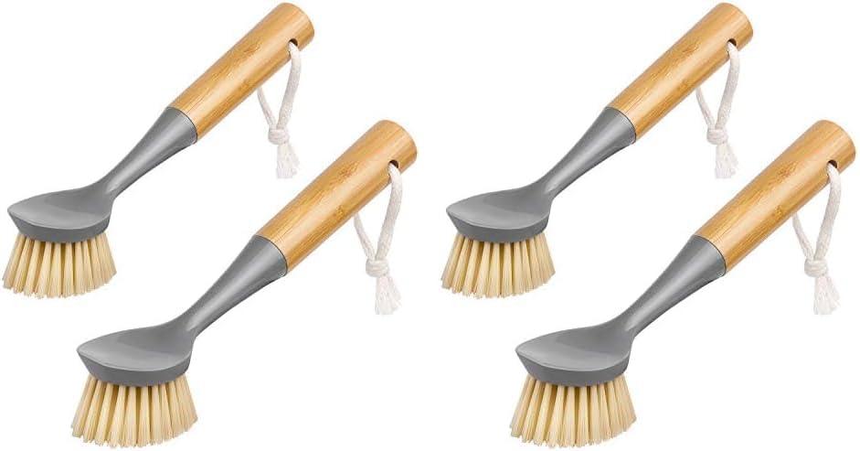 imageMRSIGA Dish Brush with Bamboo Handle Builtin Scraper Scrub Brush for Pans Pots Kitchen Sink Cleaning Pack of 2Gray