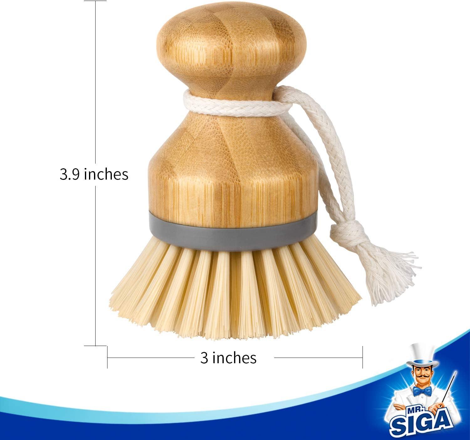 imageMRSIGA Dish Brush with Bamboo Handle Builtin Scraper Scrub Brush for Pans Pots Kitchen Sink Cleaning Pack of 2Natural
