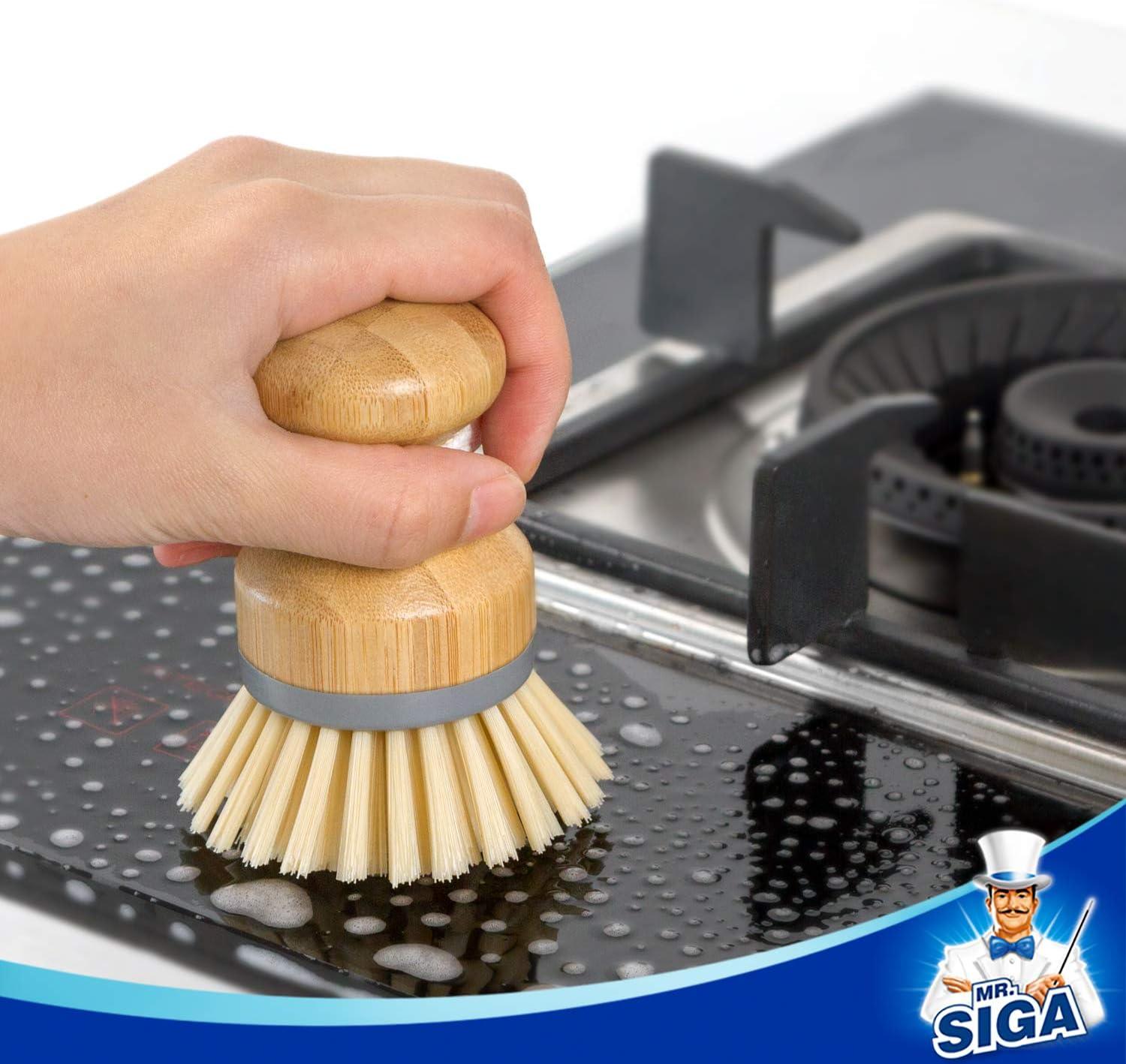 imageMRSIGA Dish Brush with Bamboo Handle Builtin Scraper Scrub Brush for Pans Pots Kitchen Sink Cleaning Pack of 2Natural