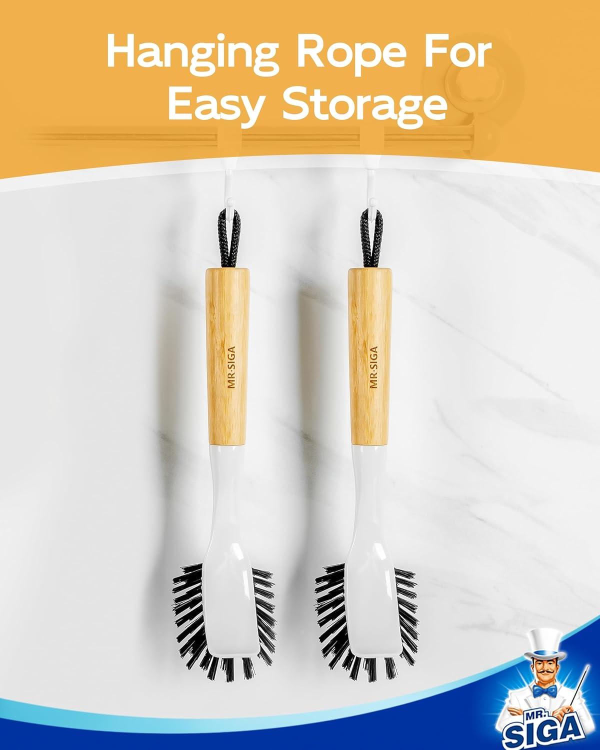 imageMRSIGA Dish Brush with Handle Dish Scrub Brush Bamboo Dish Brush Safe on Nonstick Pots Pans 2 Pack