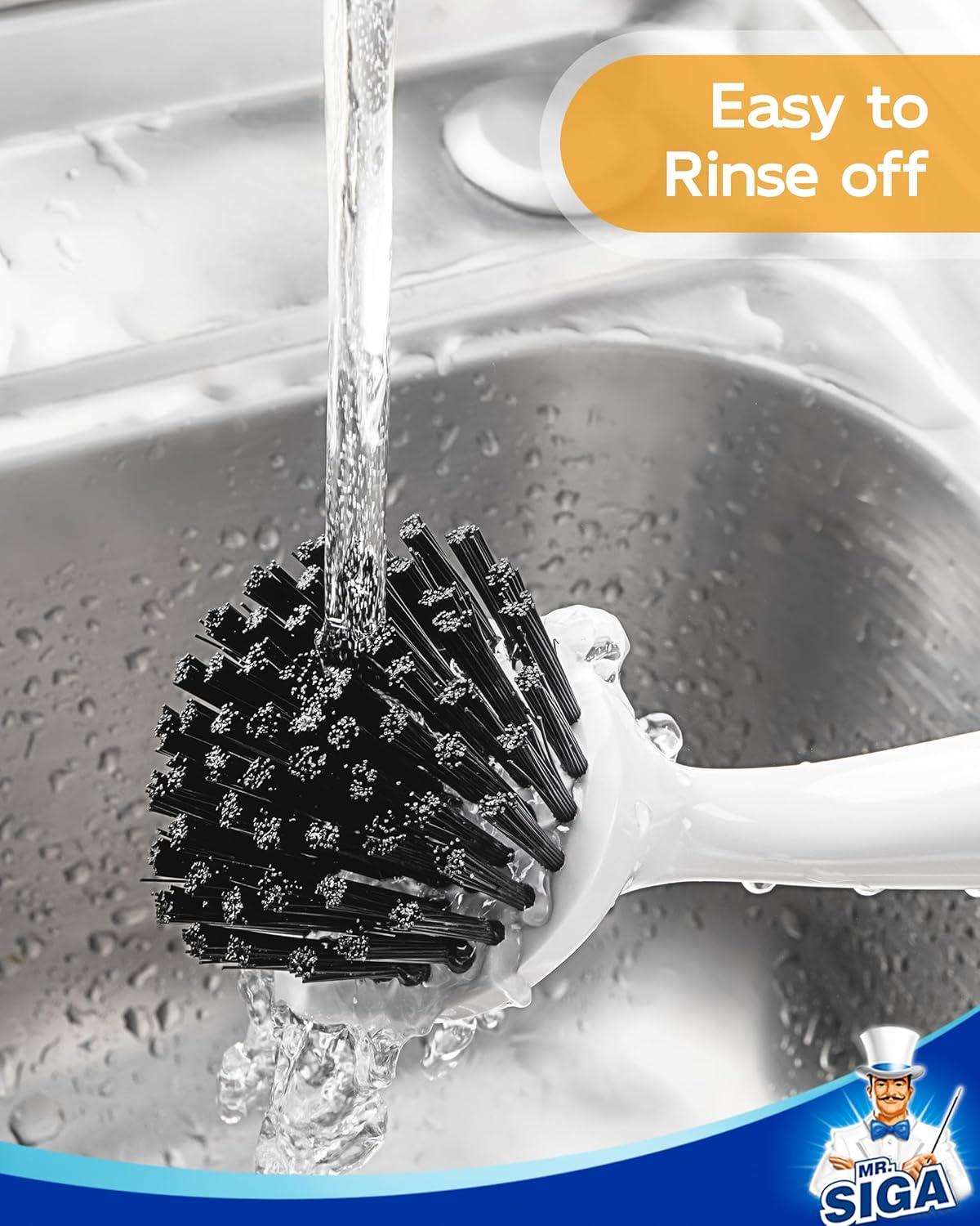 imageMRSIGA Dish Brush with Handle Dish Scrub Brush with Builtin Scraper Bamboo Dish Brush for Pots and Pans Kitchen Sink 2 Pack