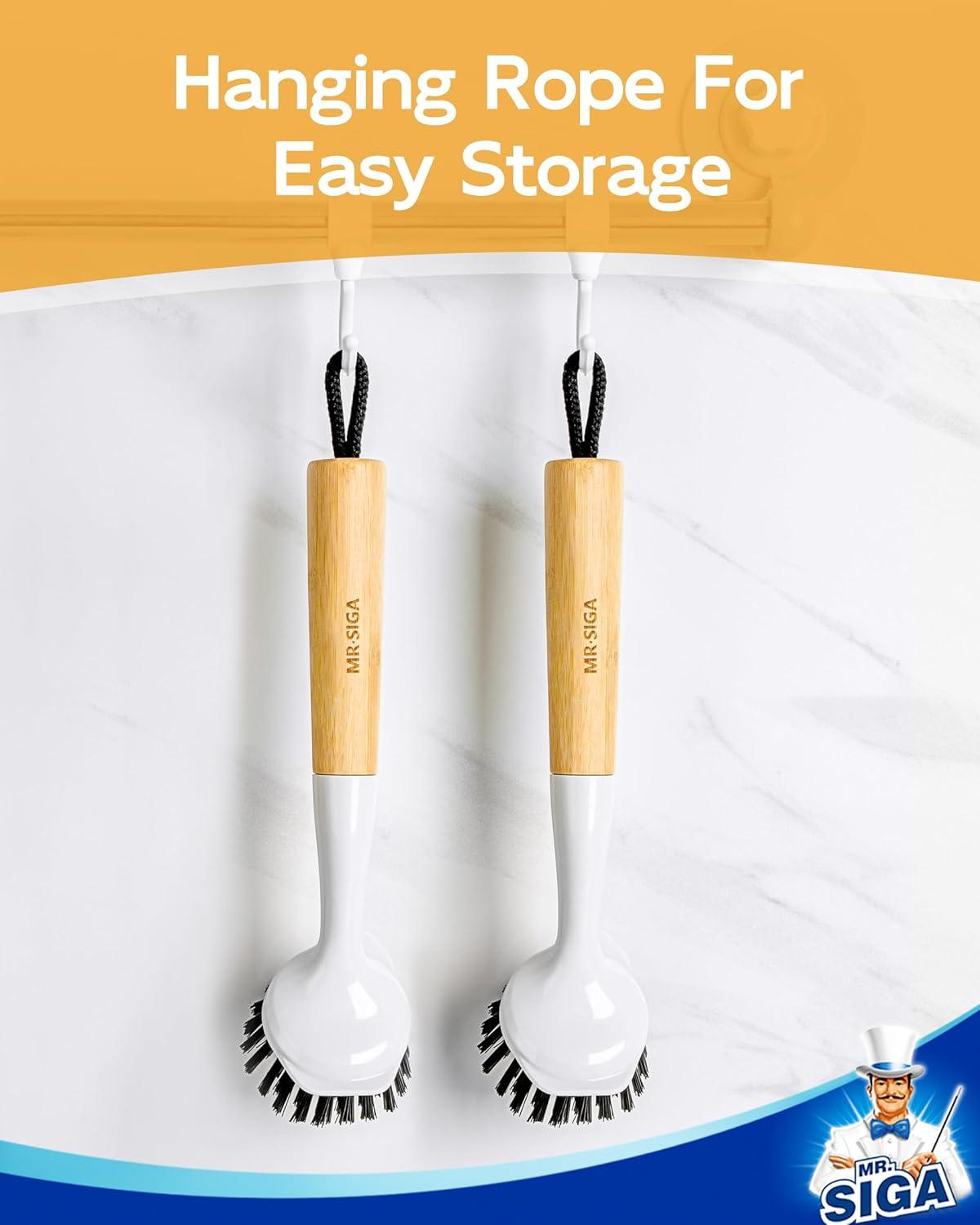 imageMRSIGA Dish Brush with Handle Dish Scrub Brush with Builtin Scraper Bamboo Dish Brush for Pots and Pans Kitchen Sink 2 Pack