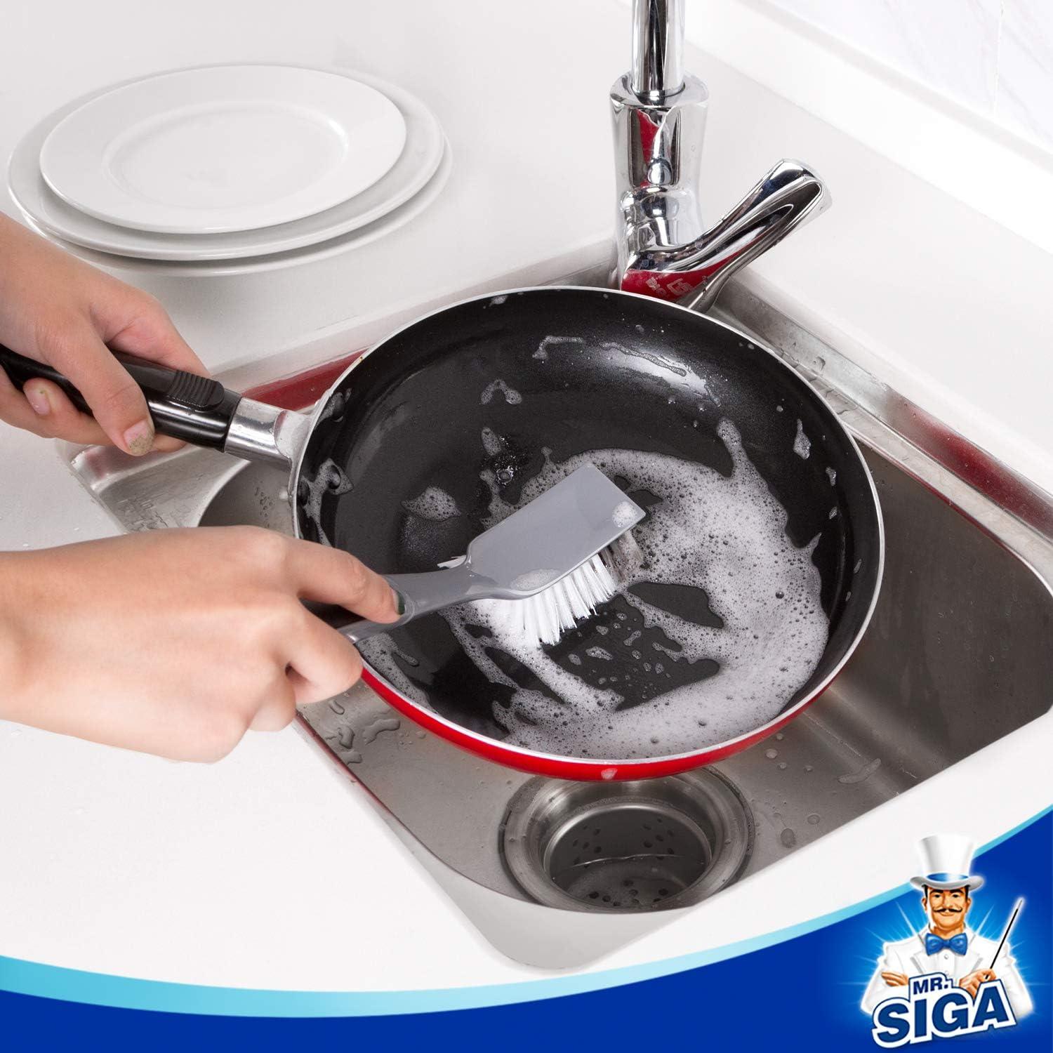 imageMRSIGA Dish Brush with Non Slip Handle Builtin Scraper Scrub Brush for Dish Pans Pots Kitchen Sink Cleaning 2 Pack