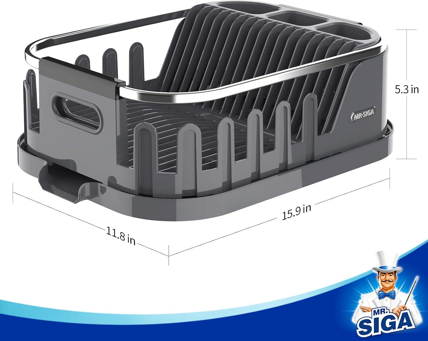 imageMRSIGA Dish Drying Rack for Kitchen Counter Compact Dish Drainer with Drainboard Utensil Holder and Cup Rack Plastic Kitchen Drying Rack for Dishes Cups Knives Spoons and Forks WhiteGray