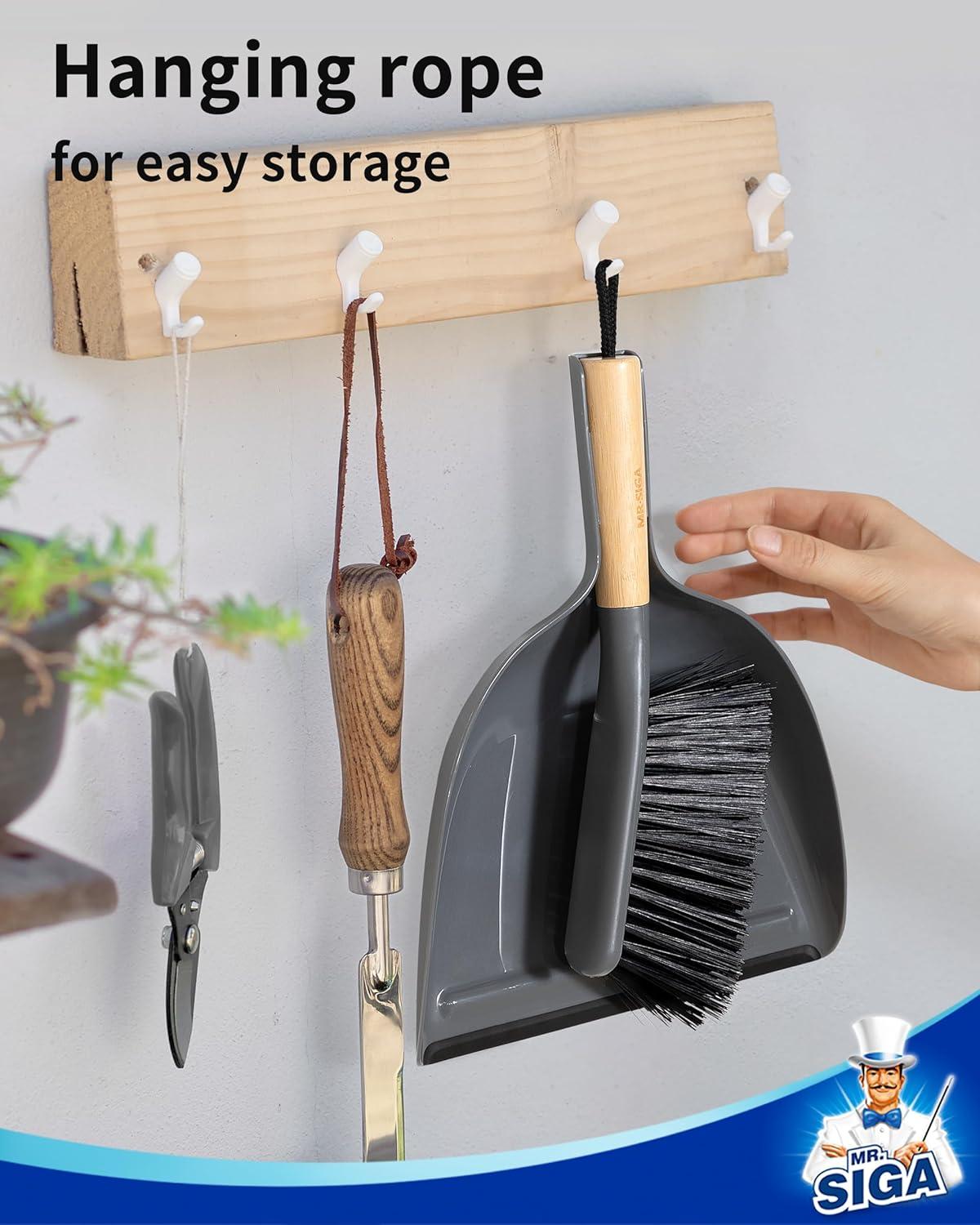 imageMRSIGA Dustpan and Brush Set Portable Cleaning Brush and Dustpan Combo with Bamboo Handle White 1 SetGray