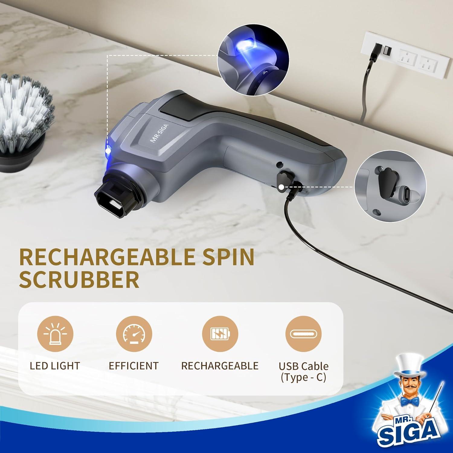 imageMRSIGA Electric Spin Scrubber for Kitchen and Bathroom Cleaning Waterproof Rechargeable Cordless Spin Scrubber with 5 Replaceable Cleaning Brushes and Pads