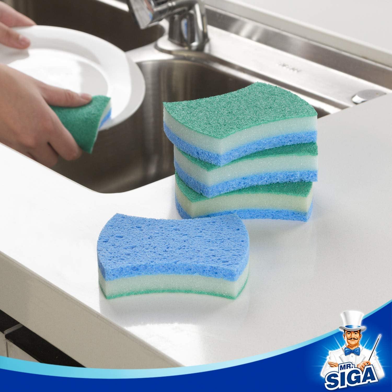 imageMRSIGA Heavy Duty Cellulose Scrub Sponge DualSided Dishwashing Sponge for Kitchen 12 PackGreen Blue