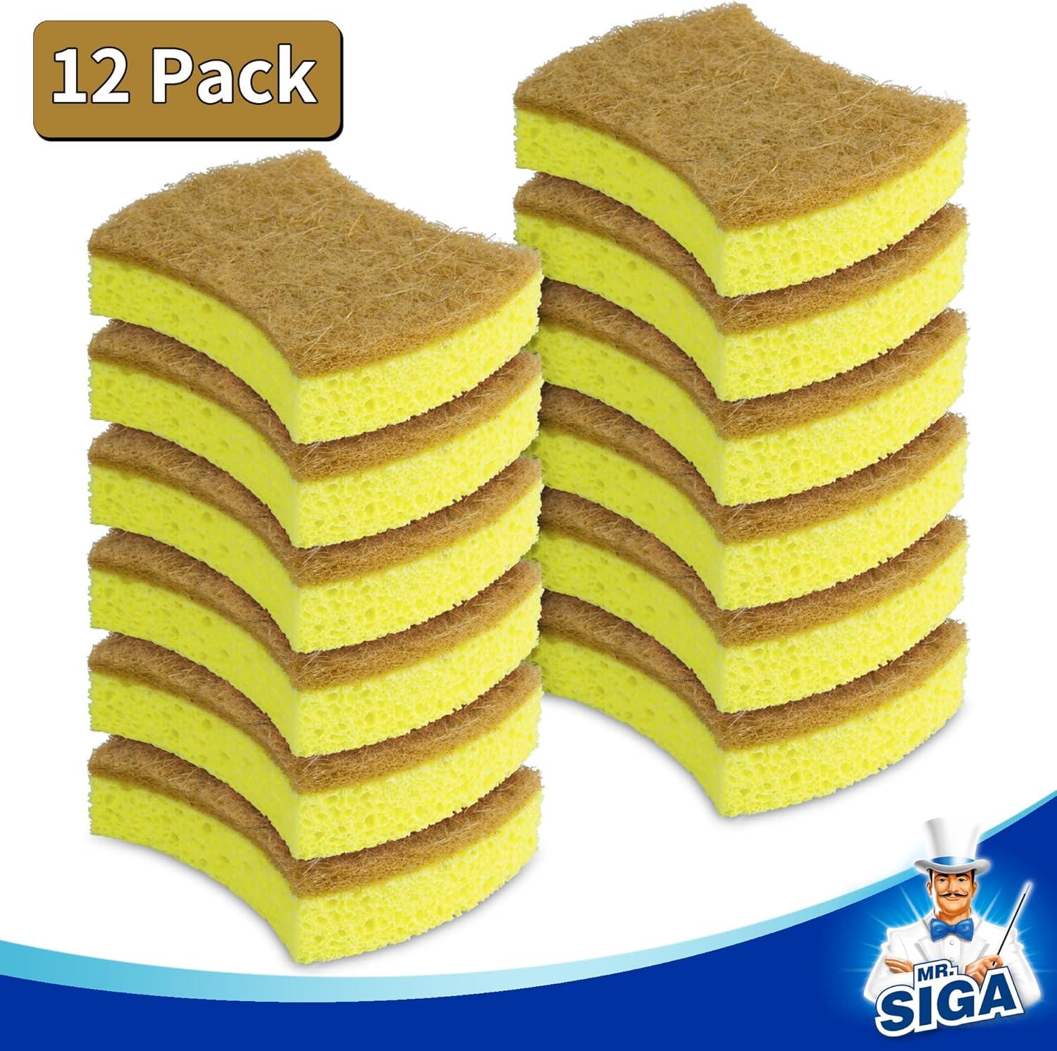 imageMRSIGA Heavy Duty Cellulose Scrub Sponge DualSided Dishwashing Sponge for Kitchen 12 PackLight Brown Yellow