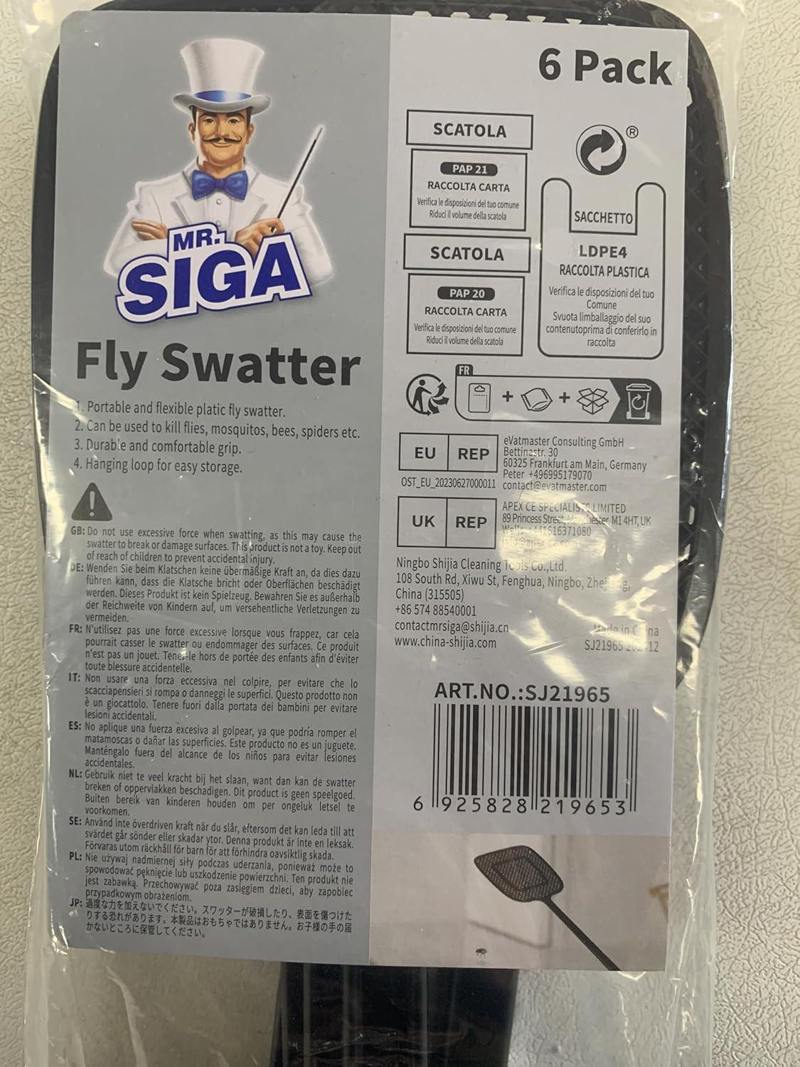 imageMRSIGA Heavy Duty Long Handle Fly Swatter Black 6 Pack