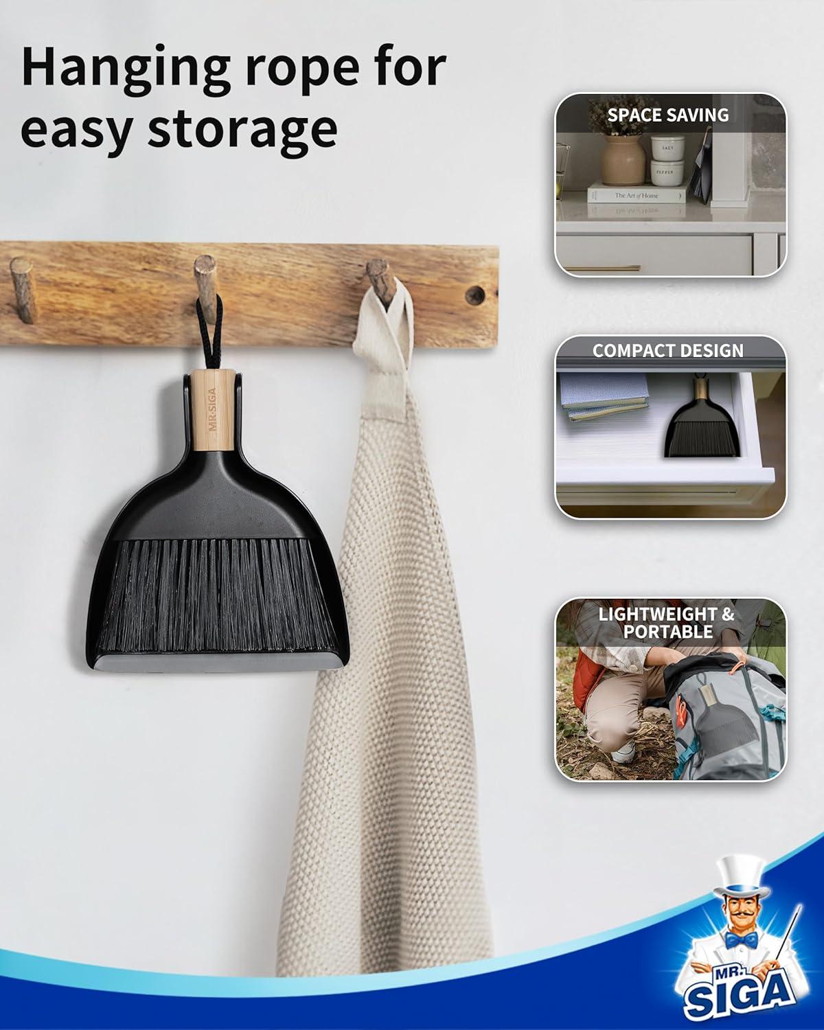 imageMRSIGA Mini Dustpan and Brush Set Portable Cleaning Brush and Dustpan Combo with Bamboo Handle Gray 1 SetBlack