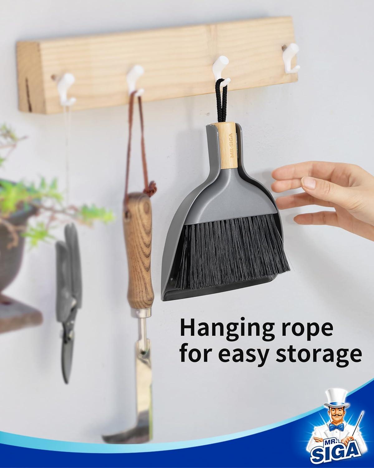 imageMRSIGA Mini Dustpan and Brush Set Portable Cleaning Brush and Dustpan Combo with Bamboo Handle Gray 1 SetGray
