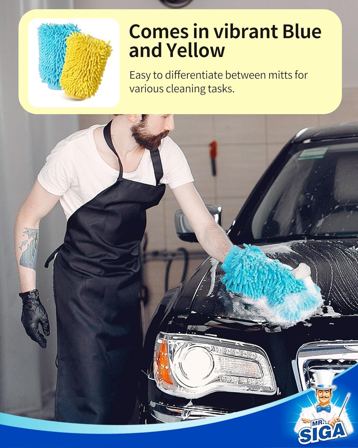 imageMRSIGA Premium Microfiber Soft Chenille Car Wash Mitt Pack of 2 Gray ampamp GreenBlue Yellow