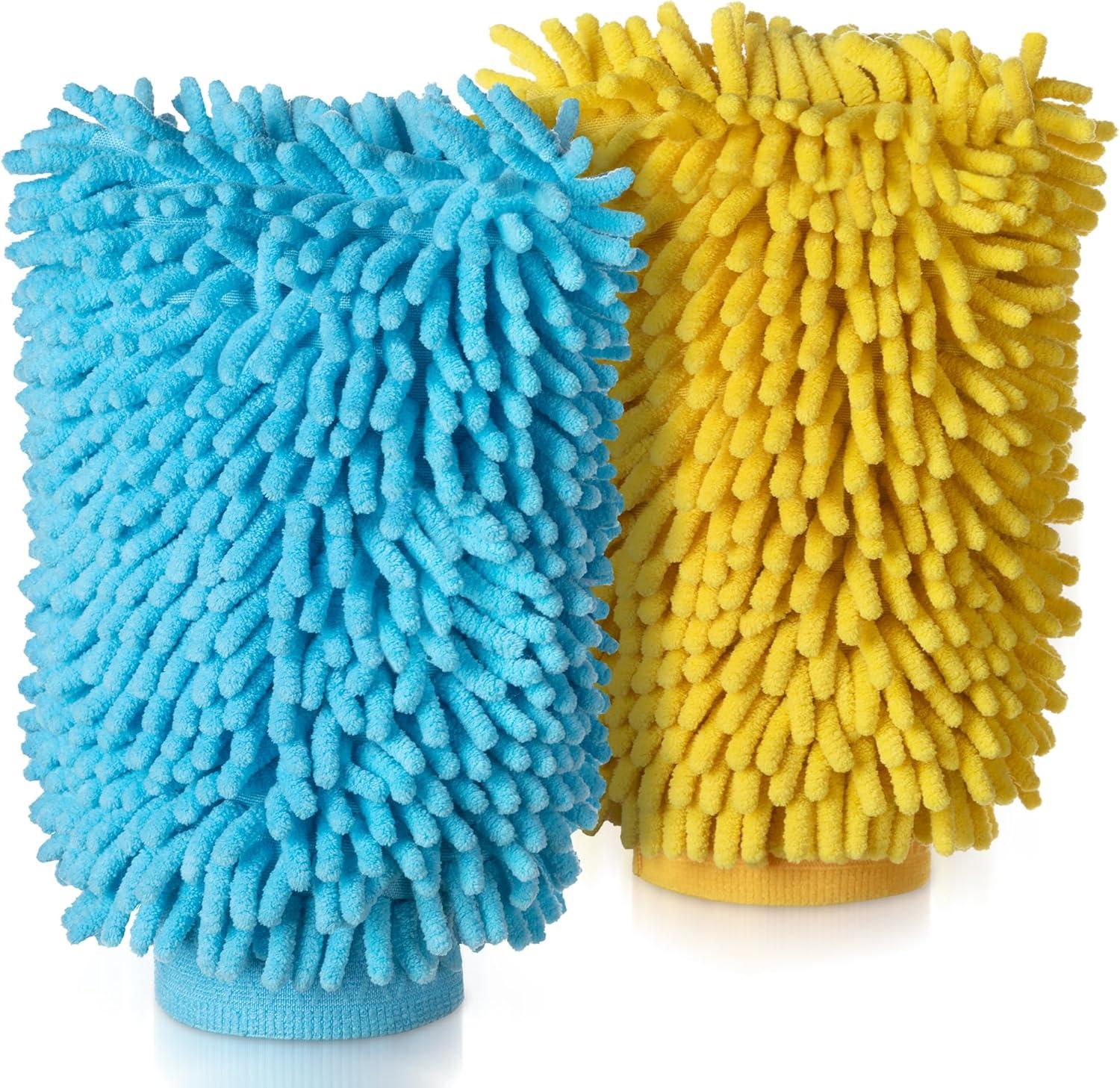 imageMRSIGA Premium Microfiber Soft Chenille Car Wash Mitt Pack of 2 Gray ampamp GreenBlue Yellow