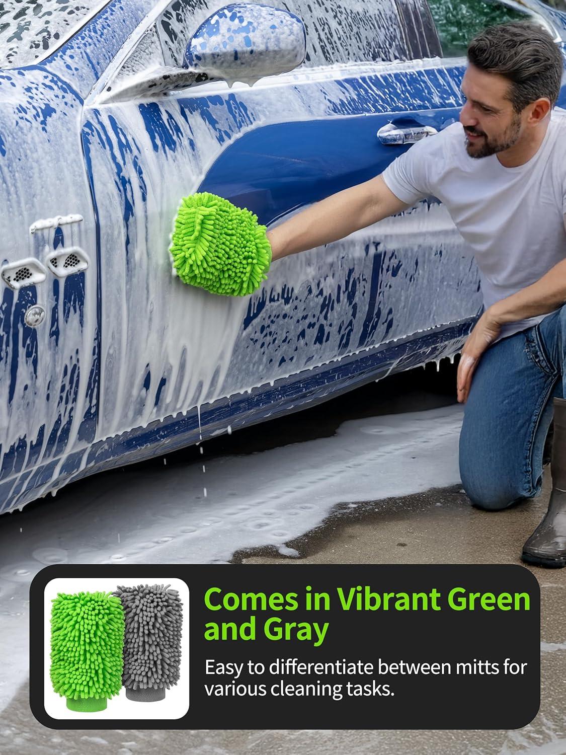imageMRSIGA Premium Microfiber Soft Chenille Car Wash Mitt Pack of 2 Gray ampamp GreenGray Green