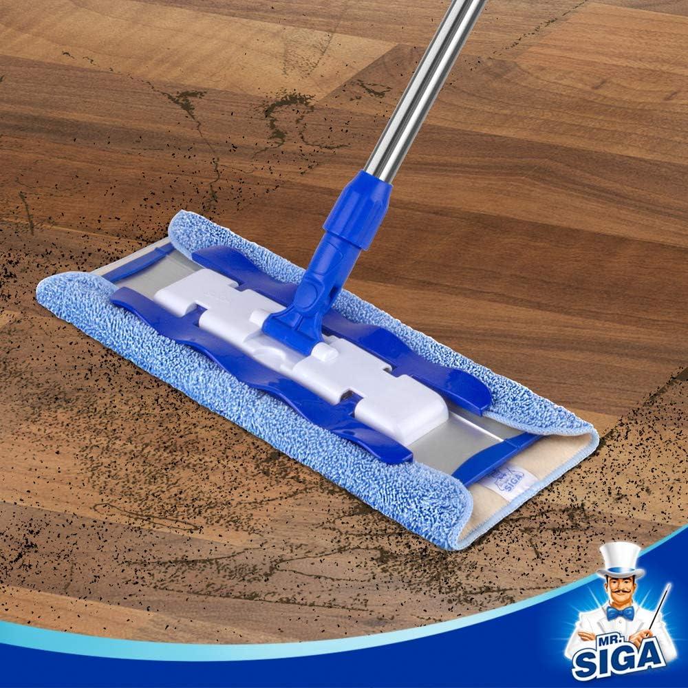 imageMRSIGA Professional Microfiber Mop for Hardwood Laminate Tile Floor Cleaning Stainless Steel Telescopic Handle 3 Reusable Flat Mop Refills and 1 Dirt Removal Scrubber IncludedBlue Mop Pad Refills