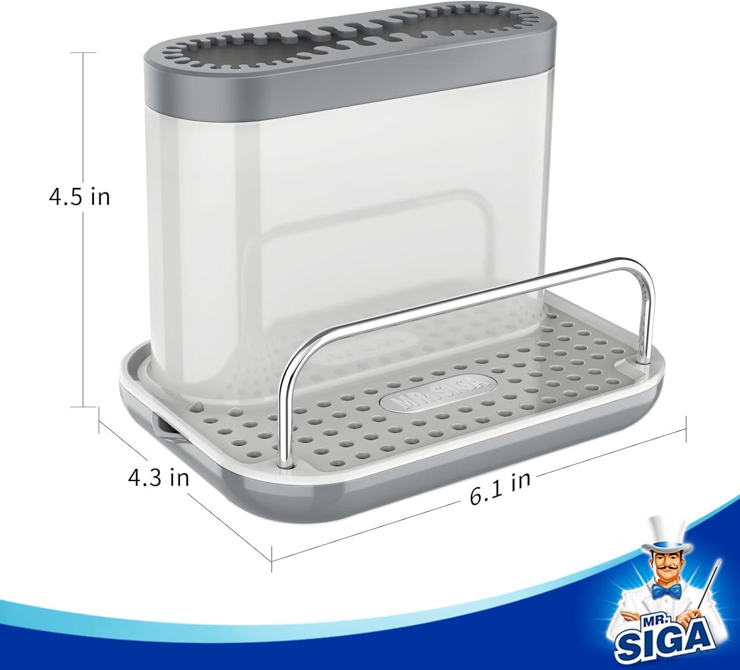 imageMRSIGA Sink Caddy Kitchen Sink Organizer Sponge Brush Holder with Drip Tray White ampamp Gray