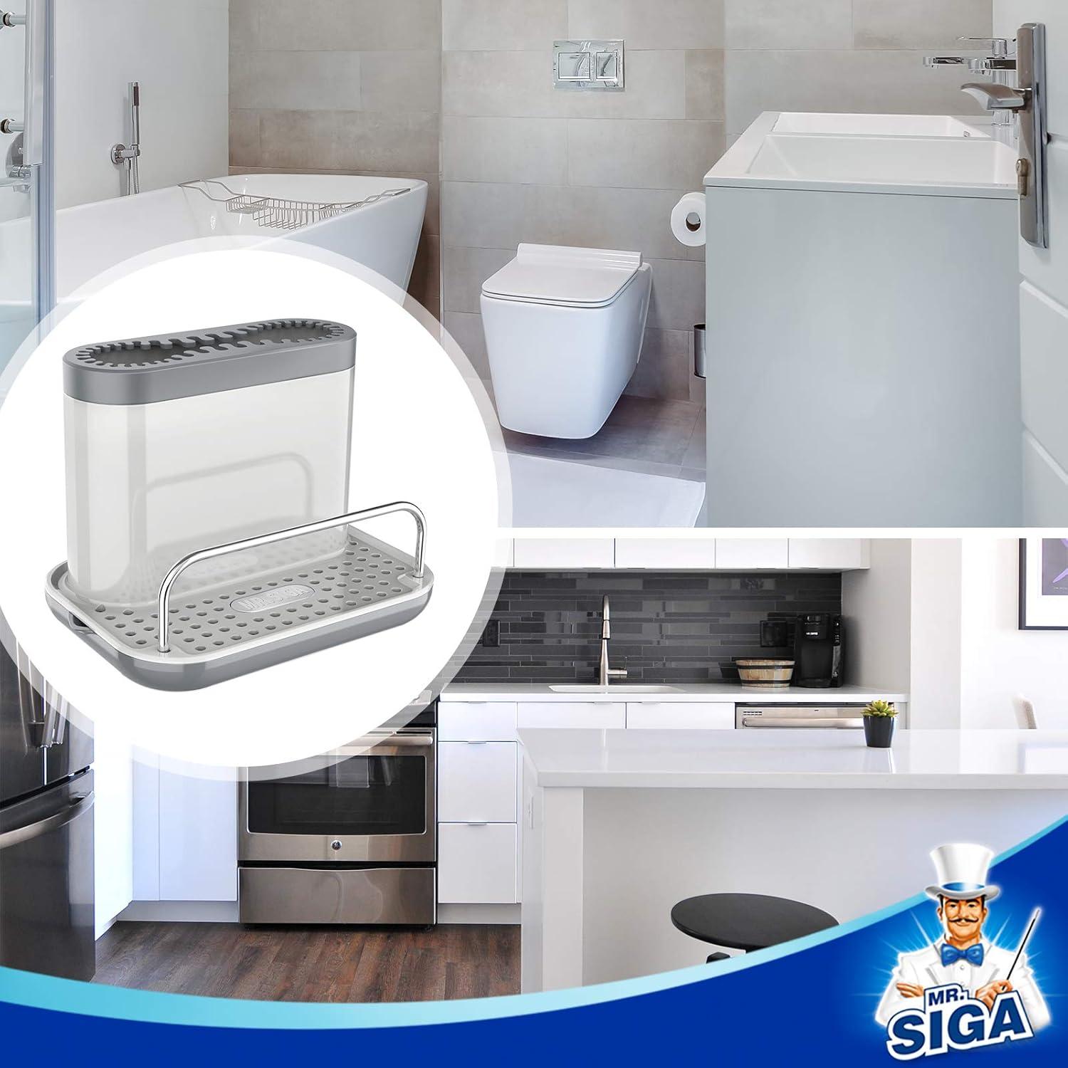 imageMRSIGA Sink Caddy Kitchen Sink Organizer Sponge Brush Holder with Drip Tray White ampamp Gray