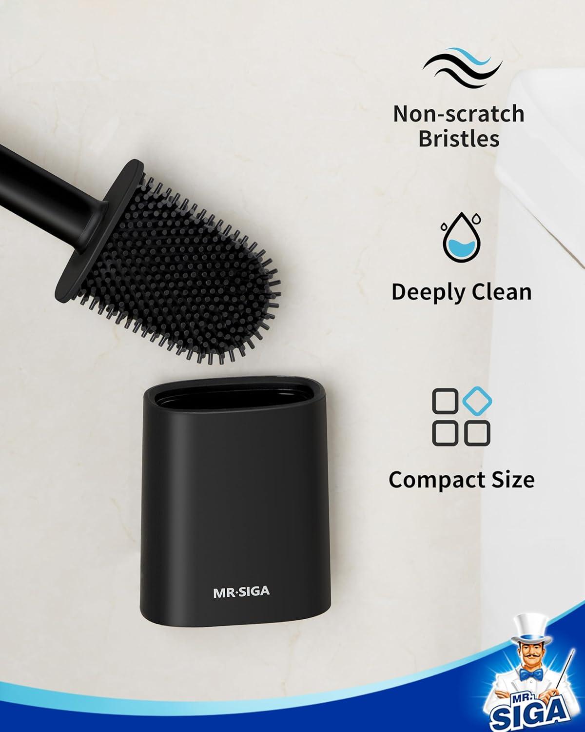 imageMRSIGA Toilet Brush and Holder Set Wall Mounted Toilet Bowl Brush Compact Toilet Scrub Brush with Holder for Bathroom White 2 PackBlack