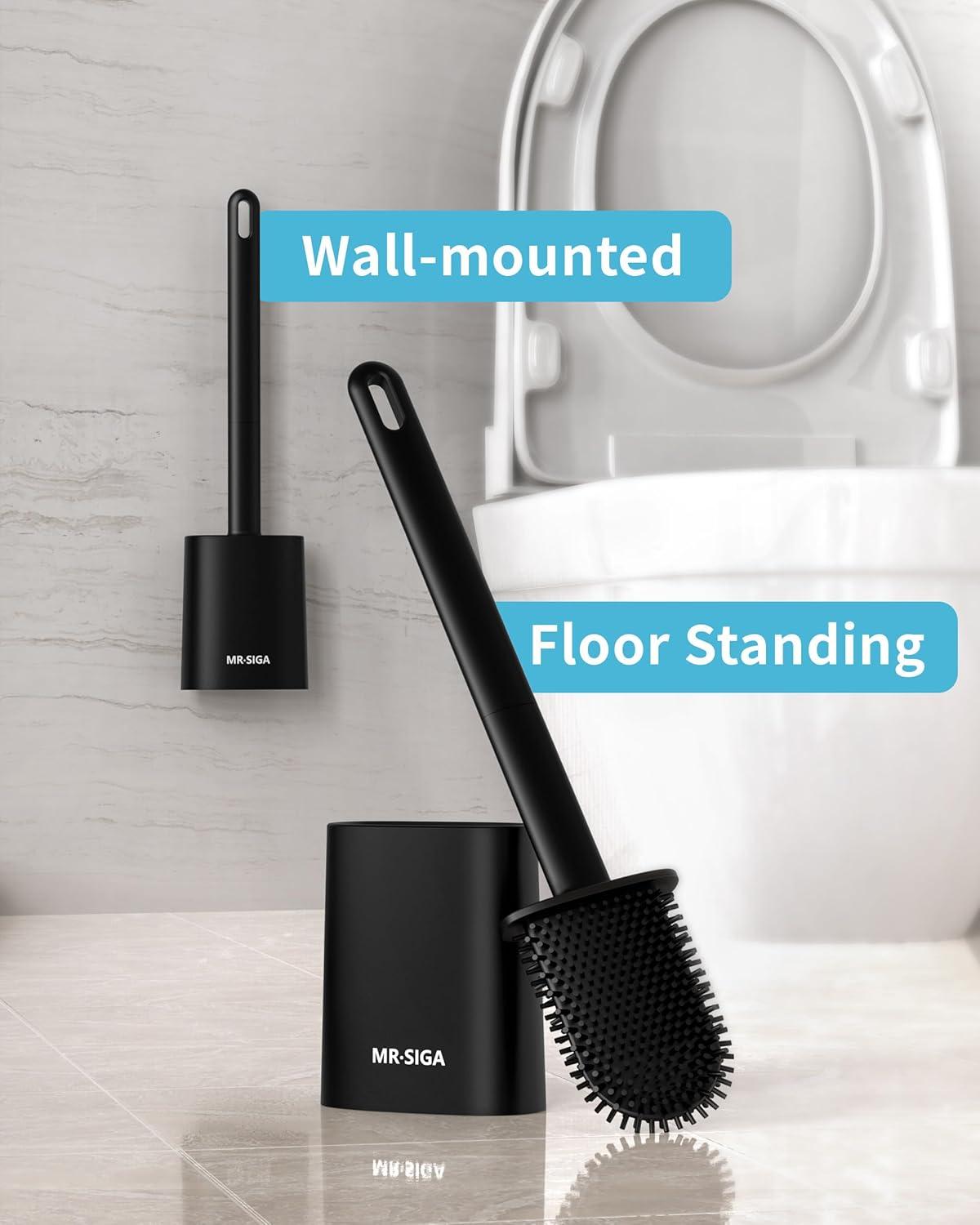 imageMRSIGA Toilet Brush and Holder Set Wall Mounted Toilet Bowl Brush Compact Toilet Scrub Brush with Holder for Bathroom White 2 PackBlack