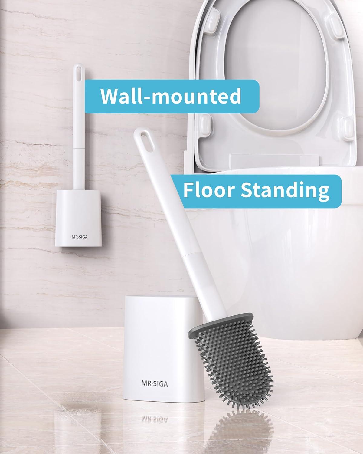 imageMRSIGA Toilet Brush and Holder Set Wall Mounted Toilet Bowl Brush Compact Toilet Scrub Brush with Holder for Bathroom White 2 PackWhite
