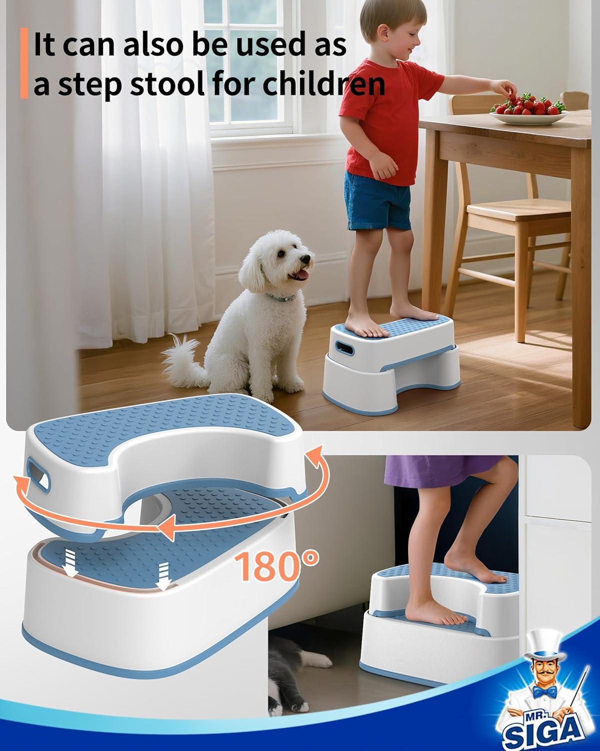 imageMRSIGA Toilet Stool Squat Adult Bathroom Stool Heavy Duty Anti Slip Toilet Step for Bathroom Toddler Step Stool for Kids White ampamp Grayish BlueWhite Grayish Blue