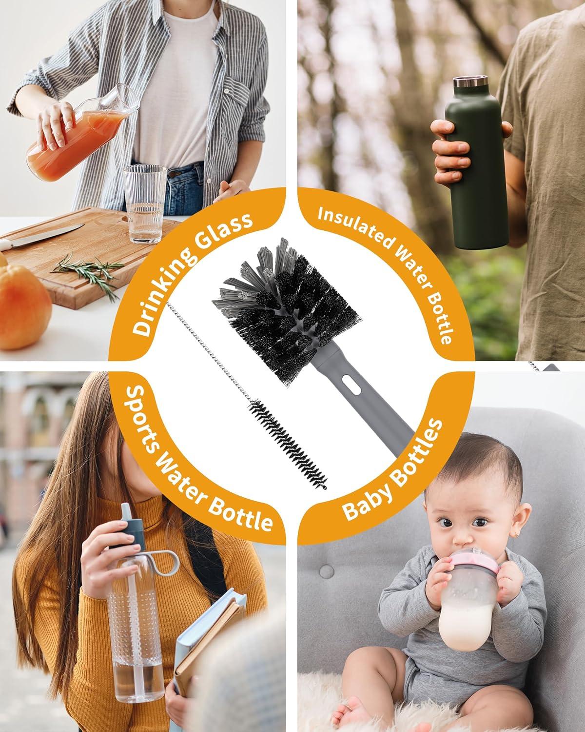imageMRSIGA Water Bottle Brush and Straw Cleaner Brush Long Handle Bottle Cleaner Brush 2 in 1 Bottle Cleaning Brush for Sports Bottles Baby Bottles Mugs StrawsGray