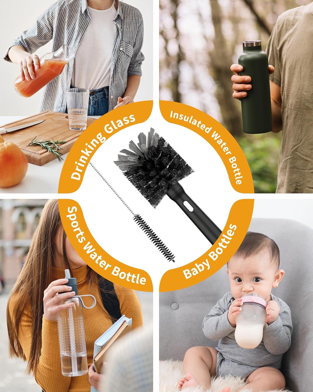 imageMRSIGA Water Bottle Brush and Straw Cleaner Brush Long Handle Bottle Cleaner Brush 2 in 1 Bottle Cleaning Brush for Sports Bottles Baby Bottles Mugs StrawsBlack