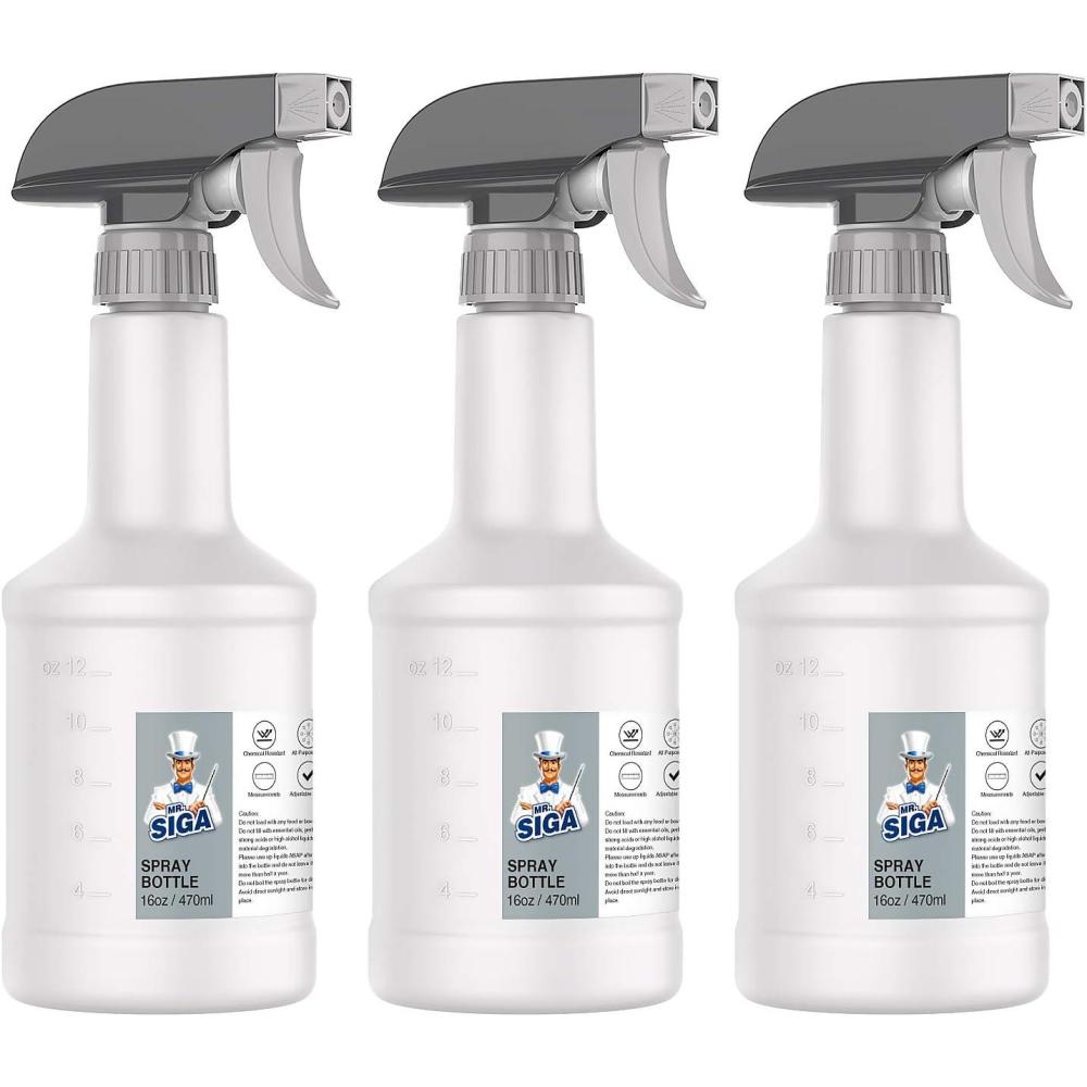 imageMRSIGA 16 oz Empty Plastic Spray Bottles for Cleaning Solutions Heavy Duty Household Reusable Spray Bottles with Measurements and Adjustable Leak Proof Nozzle 3 Pack470ml 3 Pack