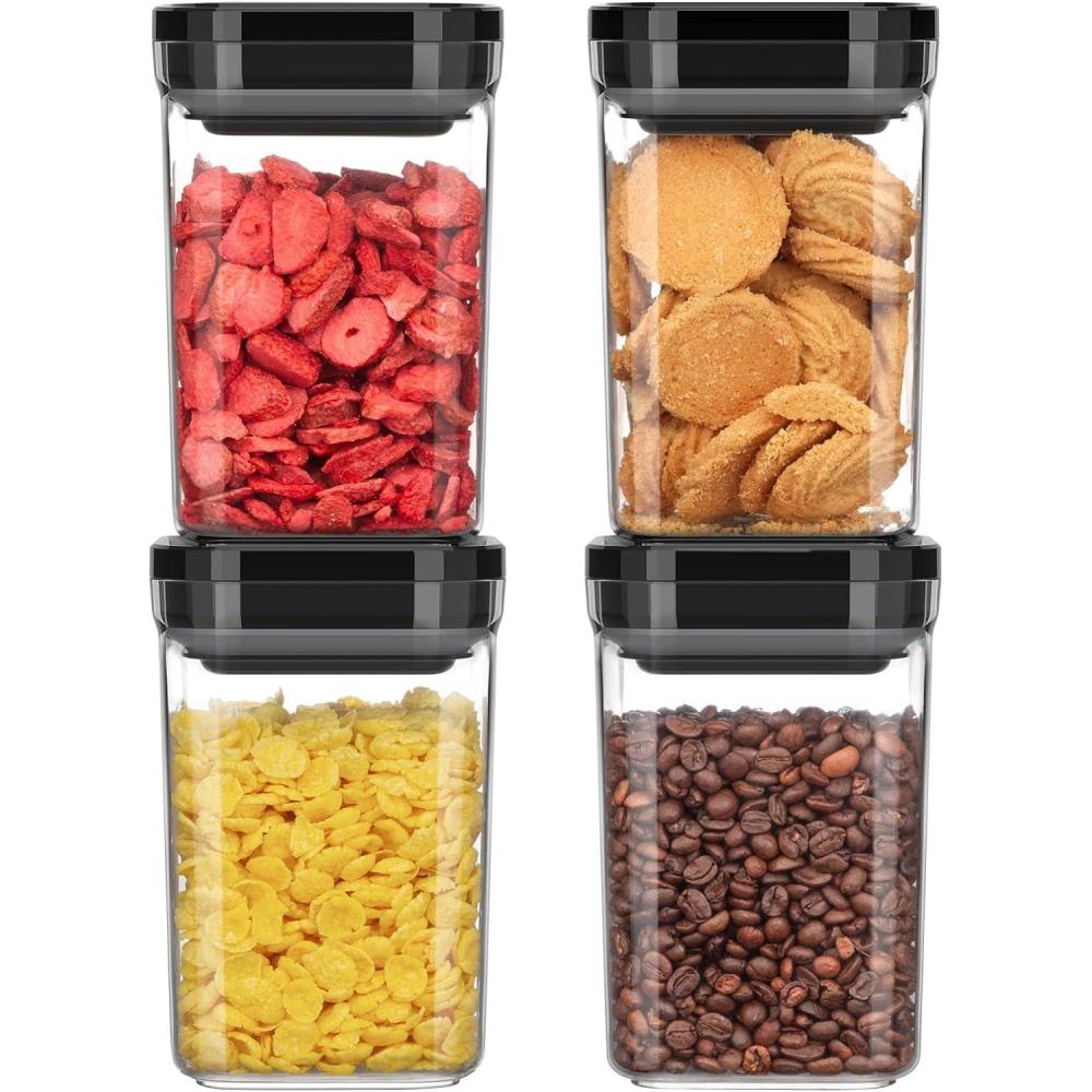 imageMRSIGA 4 Pack Airtight Food Storage Container Set BPA Free Kitchen Pantry Organization Canisters Onehanded Airtight Cereal Snack Candy Storage Containers 1 L 34oz Medium BlackBlack
