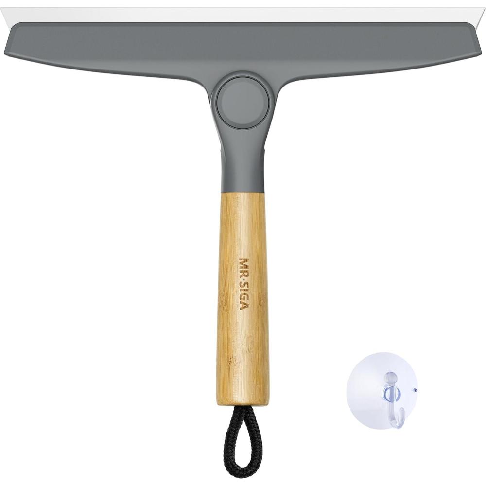 imageMRSIGA All Purpose Silicone Squeegee for Shower Door Mirror Glass Streak Free Shower Squeegee Pivoting Bamboo Handle Includes 1 Suction Hook 10 inch Wide Black 1 PackGray