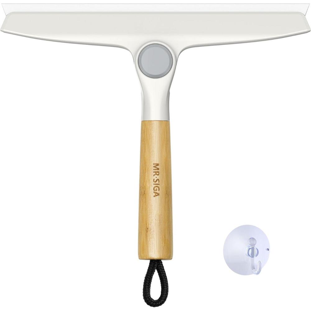 imageMRSIGA All Purpose Silicone Squeegee for Shower Door Mirror Glass Streak Free Shower Squeegee Pivoting Bamboo Handle Includes 1 Suction Hook 10 inch Wide Black 1 PackWhite