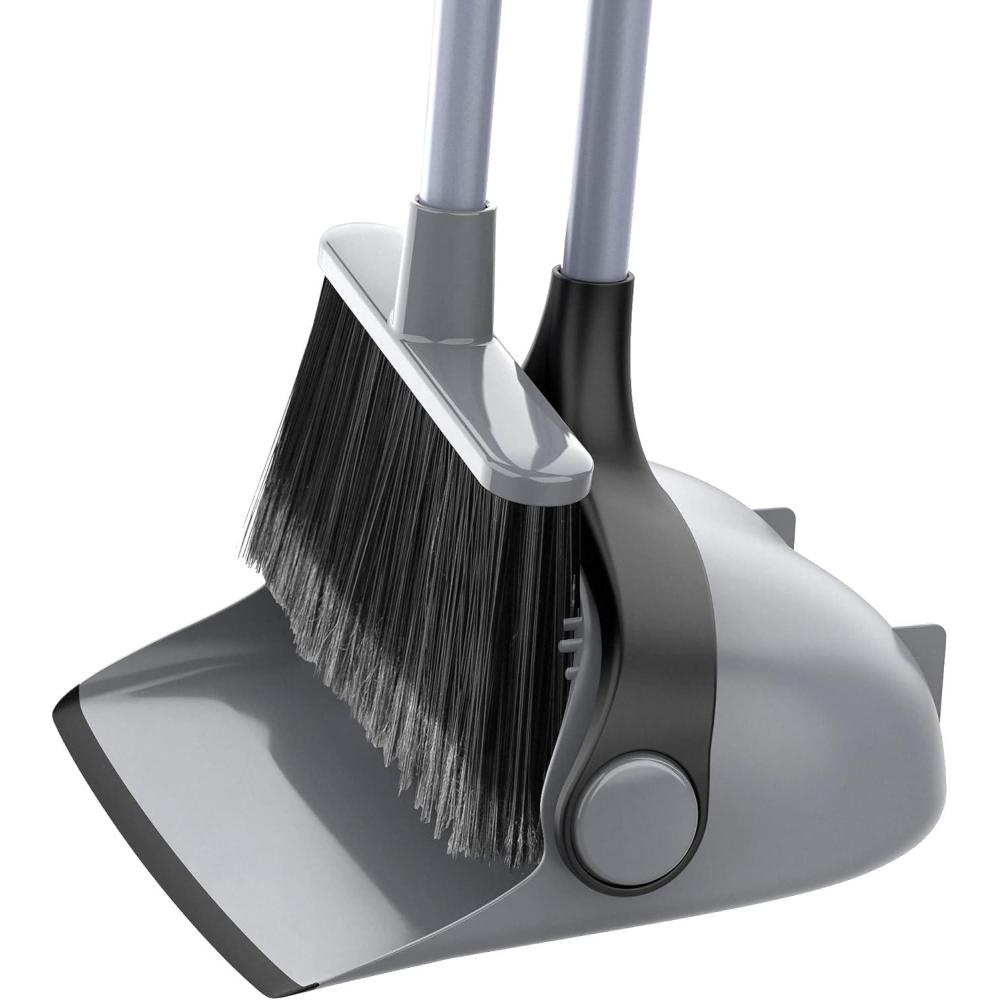 imageMRSIGA Broom and Dustpan Set with Adjustable Long Handle Upright Combo for Floor Cleaning Lobby GrayGray