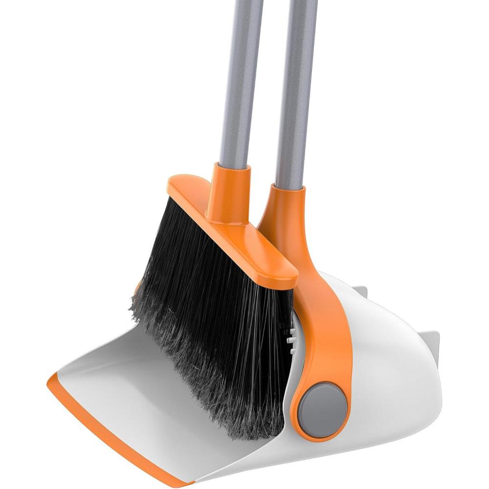 imageMRSIGA Broom and Dustpan Set with Adjustable Long Handle Upright Combo for Floor Cleaning Lobby GrayWhite Orange