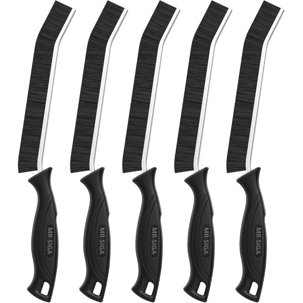 imageMRSIGA Crevice Cleaning Brush with Handle Heavy Duty Scrub Brush for Deep Cleaning Flexible Grout Cleaner Brush 5 Pack Black
