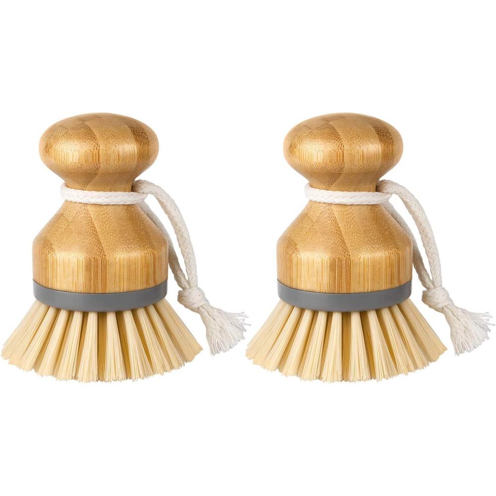 imageMRSIGA Dish Brush with Bamboo Handle Builtin Scraper Scrub Brush for Pans Pots Kitchen Sink Cleaning Pack of 2Natural