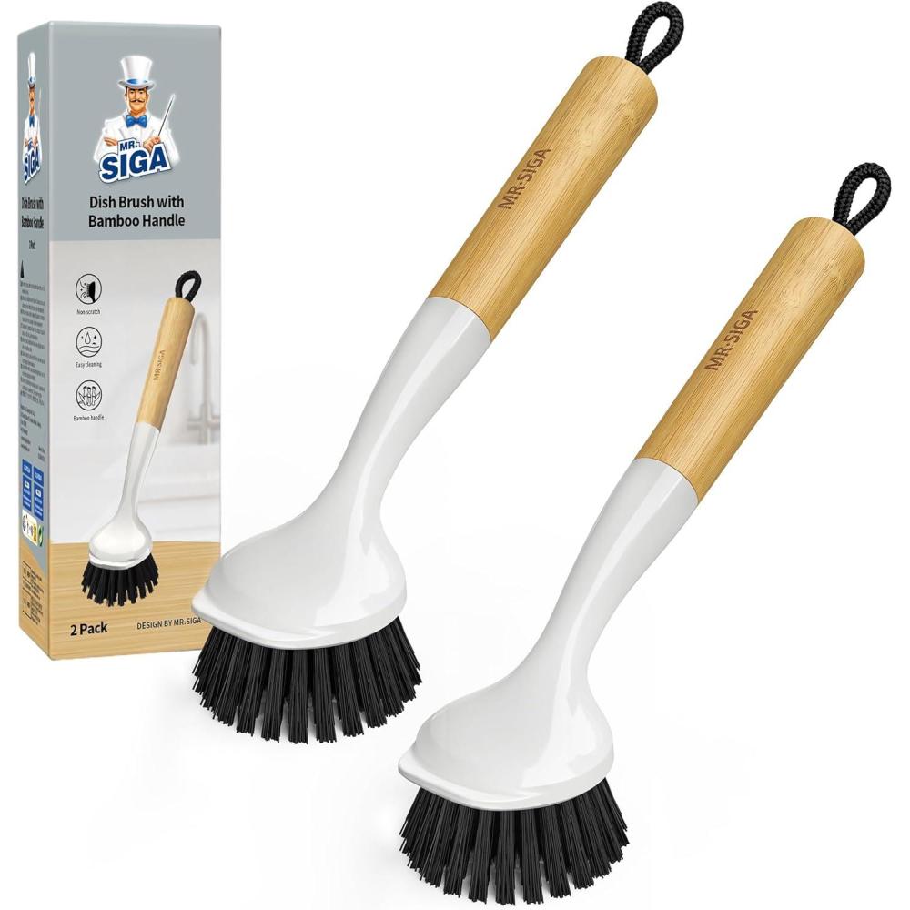 imageMRSIGA Dish Brush with Handle Dish Scrub Brush with Builtin Scraper Bamboo Dish Brush for Pots and Pans Kitchen Sink 2 Pack