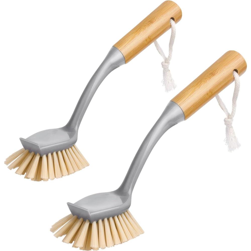 imageMRSIGA Dish Brush with Long Bamboo Handle Builtin Scraper Scrub Brush for Pans Pots Kitchen Sink Cleaning Pack of 2