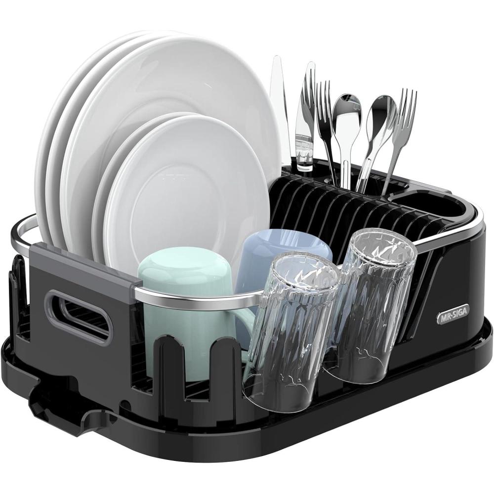 imageMRSIGA Dish Drying Rack for Kitchen Counter Compact Dish Drainer with Drainboard Utensil Holder and Cup Rack Plastic Kitchen Drying Rack for Dishes Cups Knives Spoons and Forks WhiteBlack