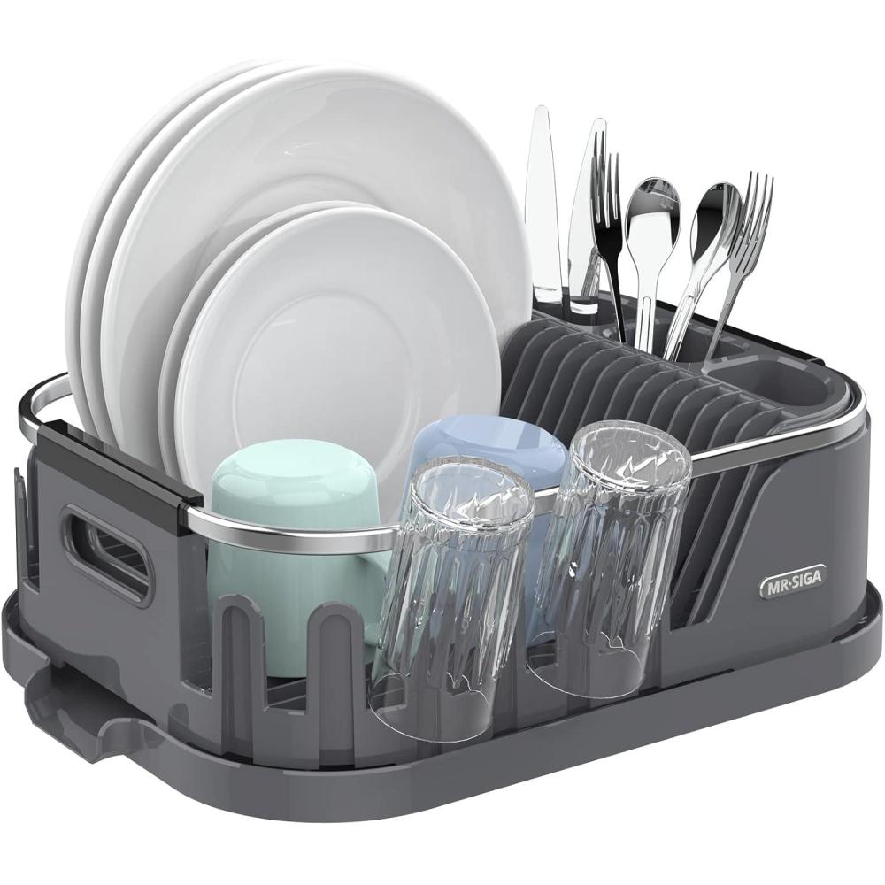 imageMRSIGA Dish Drying Rack for Kitchen Counter Compact Dish Drainer with Drainboard Utensil Holder and Cup Rack Plastic Kitchen Drying Rack for Dishes Cups Knives Spoons and Forks WhiteGray