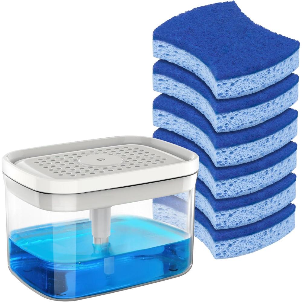 imageMRSIGA Dish Soap Dispenser with Sponge Holder and Scrub Sponge Set Kitchen Soap Dispenser with 30 oz Large Capacity and 6 Pack Non Scratch Dish Sponges