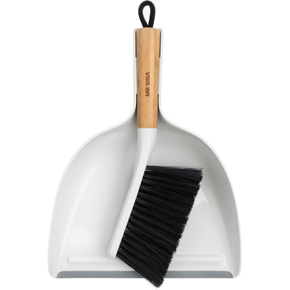 imageMRSIGA Dustpan and Brush Set Portable Cleaning Brush and Dustpan Combo with Bamboo Handle White 1 SetWhite