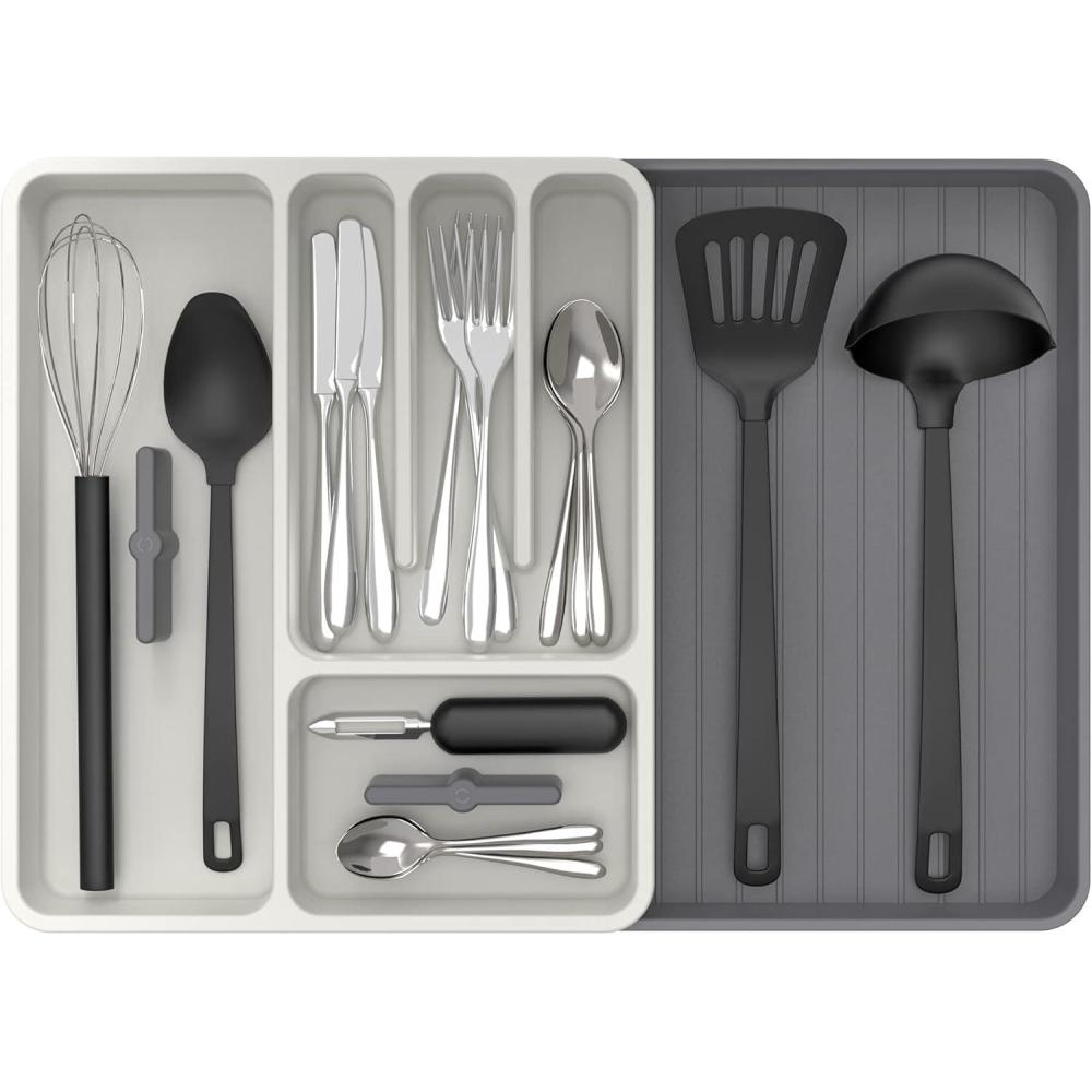 imageMRSIGA Expandable Silverware Organizer Flatware Organizer for Drawer Utensil Organizer and Adjustable Cutlery Tray for Kitchen Drawer White ampamp GrayWhite  Gray