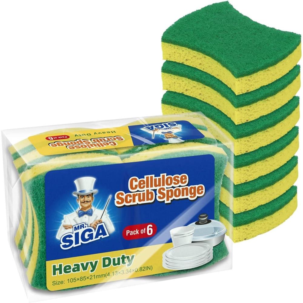imageMRSIGA Heavy Duty Cellulose Scrub Sponge DualSided Dishwashing Sponge for Kitchen 12 PackGreen Yellow