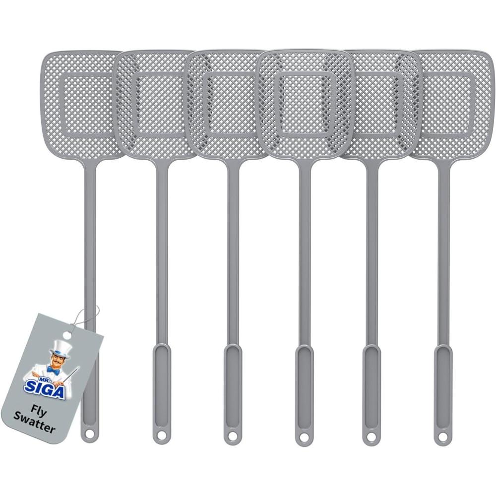 imageMRSIGA Heavy Duty Long Handle Fly Swatter Gray 6 Pack